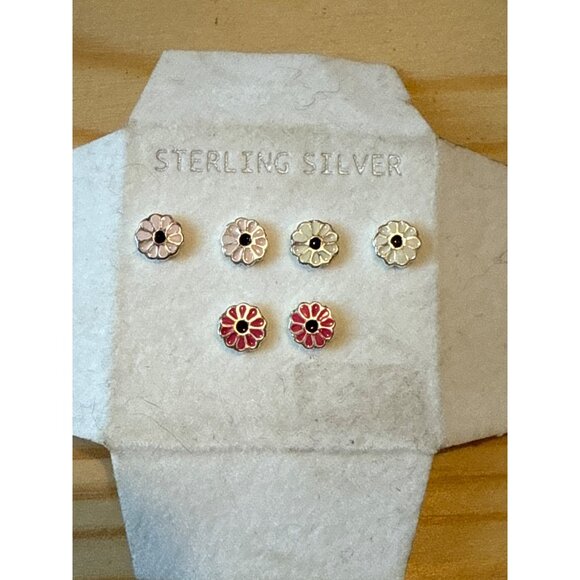 Sterling Silver Flower Stud Earrings Set Of 6 Pairs With Enamel Floral Design - Picture 1 of 2